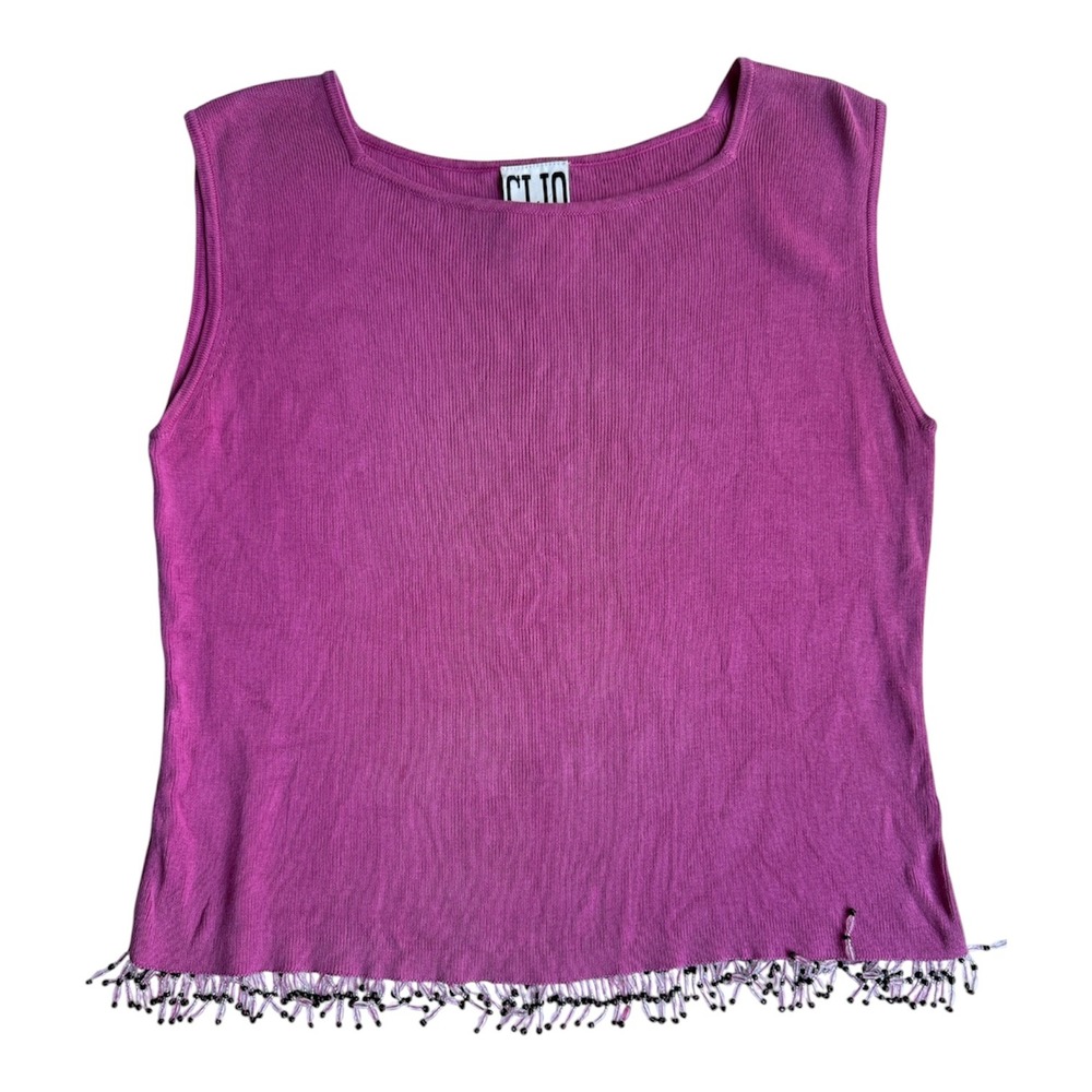 Clio Magenta Pink Silk Cotton Ribbed Knit Beaded Fringe Sleeveless Top Large